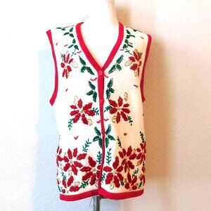 Bobbie Brooks Christmas Sweater Vest Women's Embroidered Poinsettia Size L